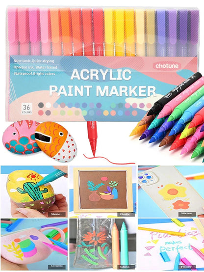 36 Colors Pastel Acrylic Paint Pens  Brush Markers for Wood Canvas Stone Rock Painting Glass Ceramic Fabric Metal Art Supplies