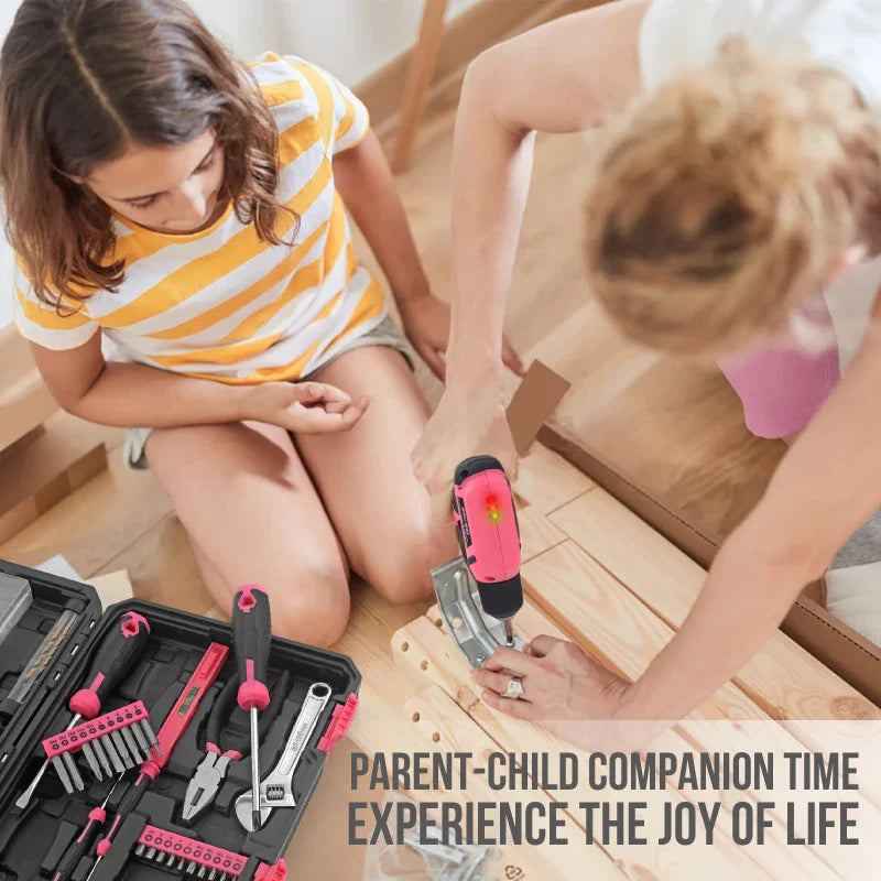 Hi-Spec 92-Piece Pink Home Tool Box Set, Multi-Function Hand Repair Kit with Hammer Cordless Power Drill Combo for Household DIY