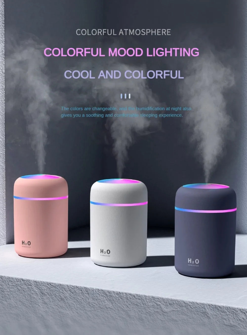 Portable Mini Air Humidifier For Bedroom,Personal Desktop,Car With Colorful Mood Lighting 2 Mist Modes And Auto Shut-Off