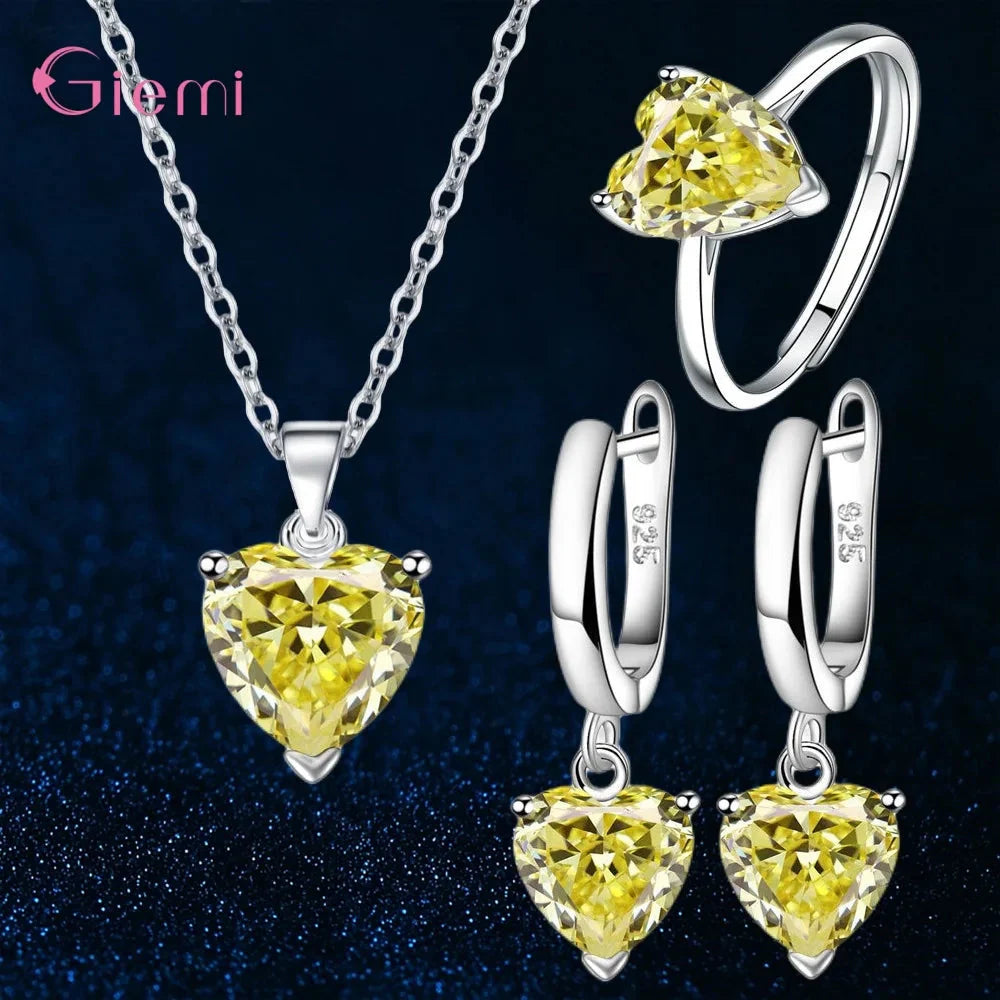 Top Fashion 925 Silver Jewelry Sets Shiny Crystal Gifts Suit For Women Girls Pendant Necklace Earrings Rings Hot Sale