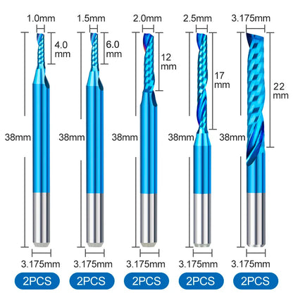 XCAN10pcs Single Flute Carbide End Mill 1/8'' Shank O Flute Spiral CNC Router Bit Cutter 1/1.5/2/2.5/3.175mm Wood Milling Tools