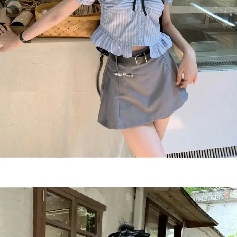 Bow-rinked Striped Shirt for Women Summer French Sweet and Spicy Puff Sleeve Shirt Short Short Sleeve Top