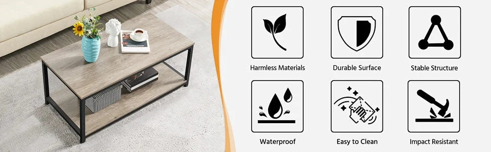 Coffee Tea Table with Metal Frame, Coffee with Open Storage Shelf, Vintage Accent Furniture for Living Room