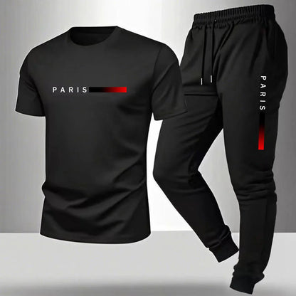 2026 NEW Men's Summer Casual Pants+Short Sleeve T-shirt Set Paris Paris Paris Printed Two Piece Set Men's Sports Set