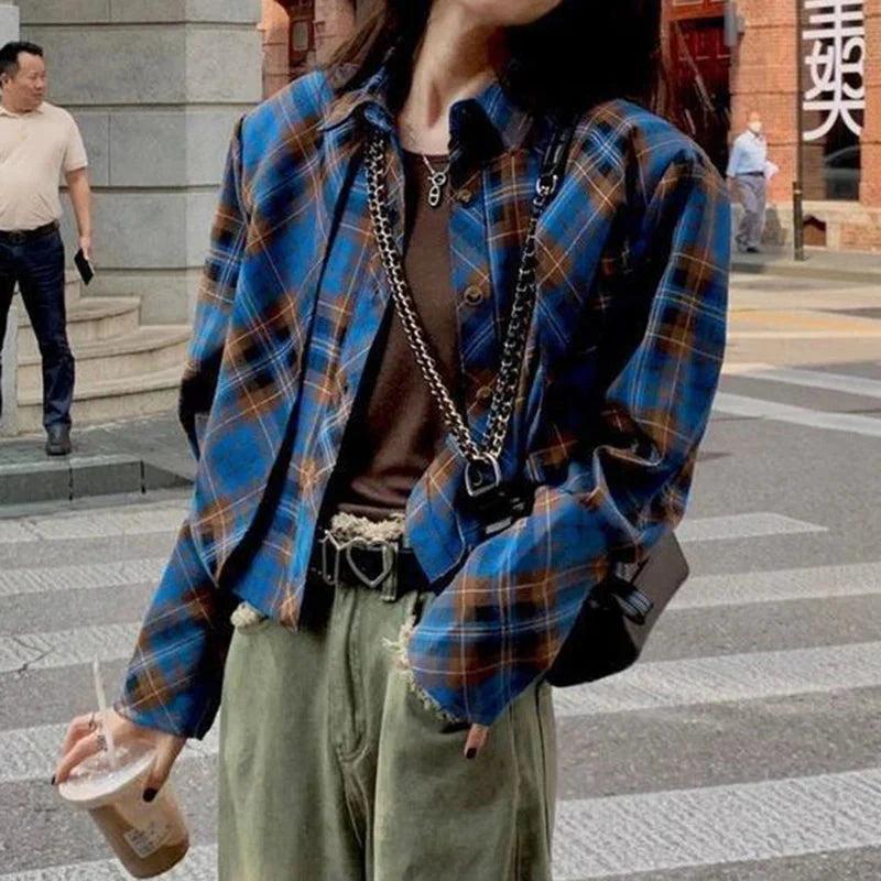 Checkered shirt women's 2024 spring new design sense niche French chic long sleeved shirt  retro top  womens tops