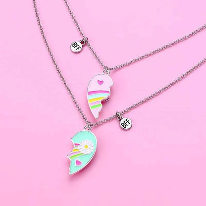 Cute Best Friends Heart Magnetic Necklace Rainbow Flower BFF Necklaces For Girls Friendship Jewelry Gifts