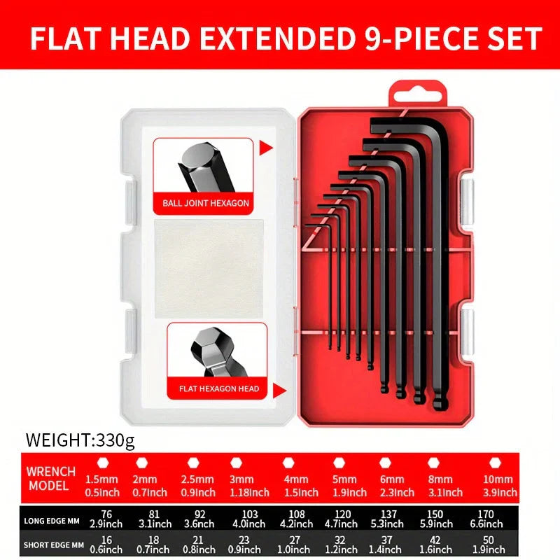 Professional 10-Piece Hex Key Set - Metric & SAE - CR-V Steel Allen Wrenches with Ball End