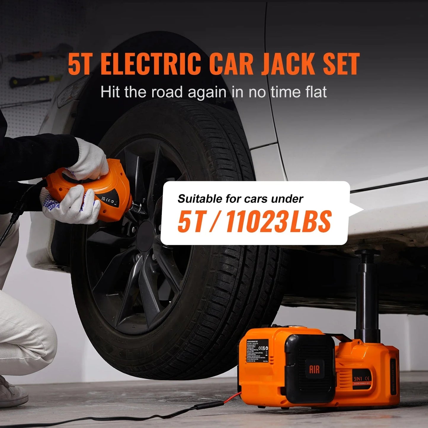 SucceBuy 5T Electric Car Jack Hydraulic Jack with Electric Impact Wrench Built-in Inflatable Pump, LED Light for SUV Sedan Truck