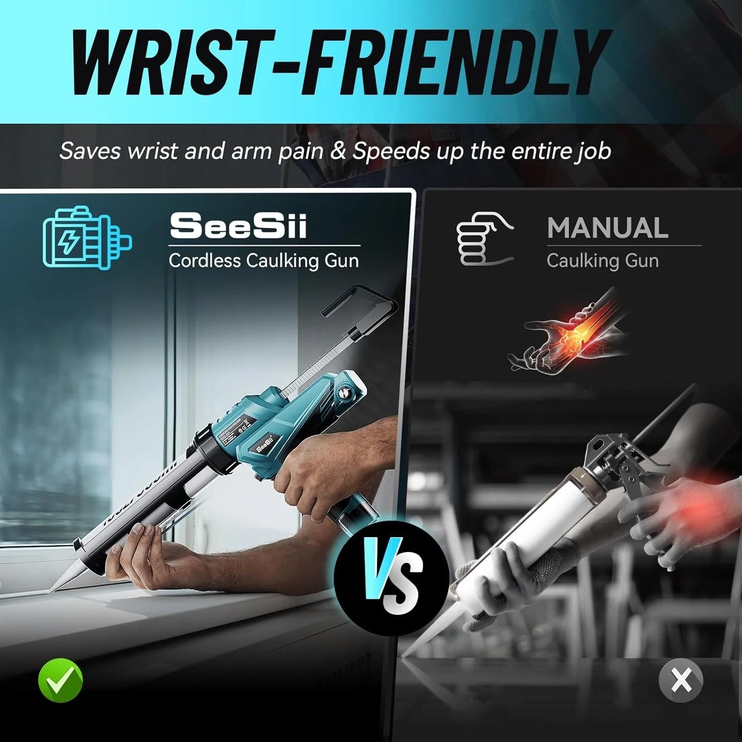 SEESII 6 Speeds Cordless Electric Glue Gun Glass Glue Caulking Gun Doors and Windows Electric Sewing Glue Tool With LED Light