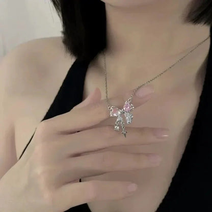 Fashion Fairy Pink Crystal Bow Knot Pendant Necklaces Y2K Girls Sweet Rhinestone Heart Clavicle Chain Women Jewelry Gifts