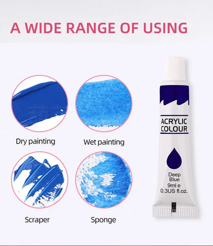 12 Color Acrylic Paint Set 9ml Tubes Waterproof Art Supplies for Beginner Artists DIY Painting on Canvas Wall Art Craft Projects