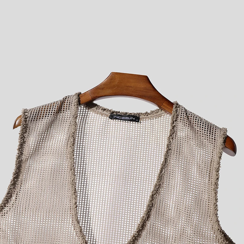 INCERUN Men Tank Tops Hollow Out Mesh See Through Sexy Tassel Male Vests Summer 2025 Solid Color Fashion Streetwear Men Clothing