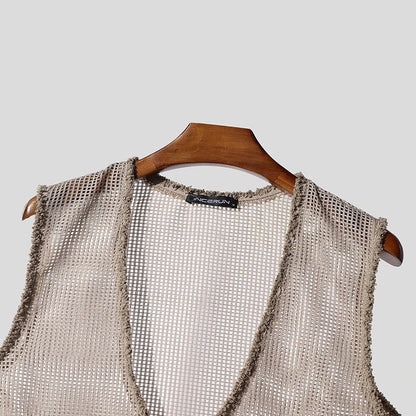 INCERUN Men Tank Tops Hollow Out Mesh See Through Sexy Tassel Male Vests Summer 2025 Solid Color Fashion Streetwear Men Clothing