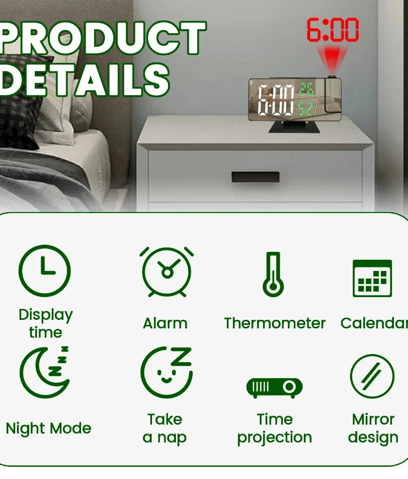 Projection digital alarm clock 180 ° arm projection LED alarm clock multifunctional USB plug in projector desktop LED clock