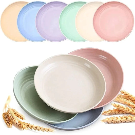 4pcs/Set Wheat Straw Plate Lightweight Unbreakable Reusable Dinner Dishes Plates Dishwasher & Microwave Safe for Kitchen Camping