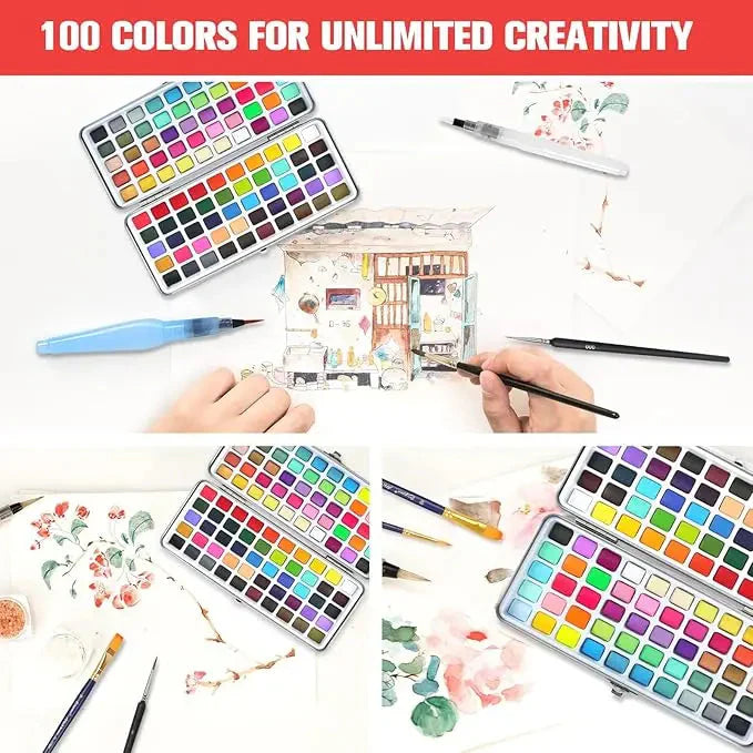 The 50/72/90/100/128/168 watercolor paint set includes a palette, brushes, drawing pens, professional painting supplies