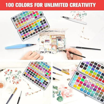 The 50/72/90/100/128/168 watercolor paint set includes a palette, brushes, drawing pens, professional painting supplies