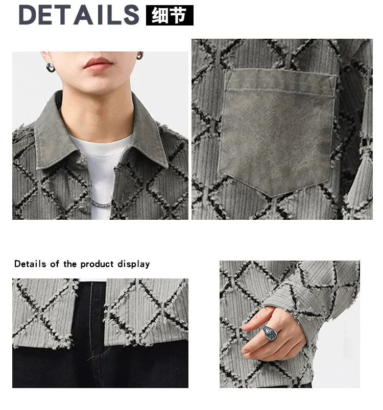 Gradient Ripped Plaid Shirt Men Streetwear Fashion Loose Casual Long Sleeve Oversize Cargo Shirts Cardigan Coat Blouses