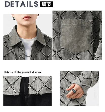 Gradient Ripped Plaid Shirt Men Streetwear Fashion Loose Casual Long Sleeve Oversize Cargo Shirts Cardigan Coat Blouses