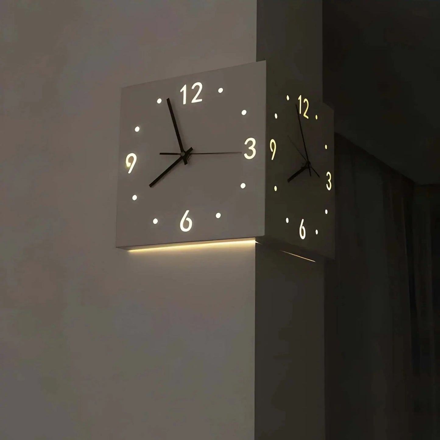 Ivory Corner Wrapping Double Sided Luminous w/ Light Sensor 16" Modern Wall Clock