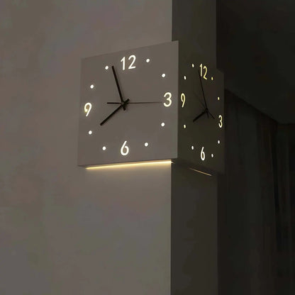 Ivory Corner Wrapping Double Sided Luminous w/ Light Sensor 16" Modern Wall Clock
