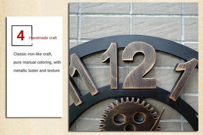 Vintage Style Industrial Wall Clock with Roman Numerals Visible 3D Gears 11"-17" Gold or Silver