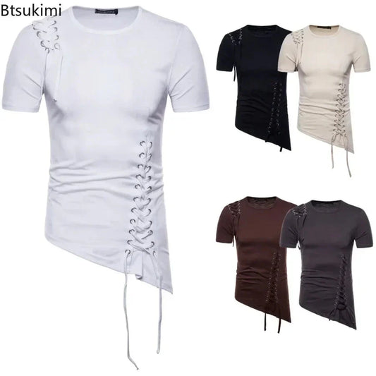 New2026 Men's Summer Short Sleeve T-shirts Trend Irregular Design Lace Up Solid Slim Tees Fashion Gothic Style Casual Shirts Men