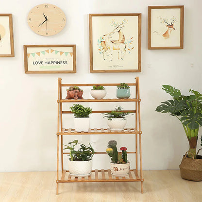 Bamboo Ladder Plant Stand Foldable Flower Pot Display Stand