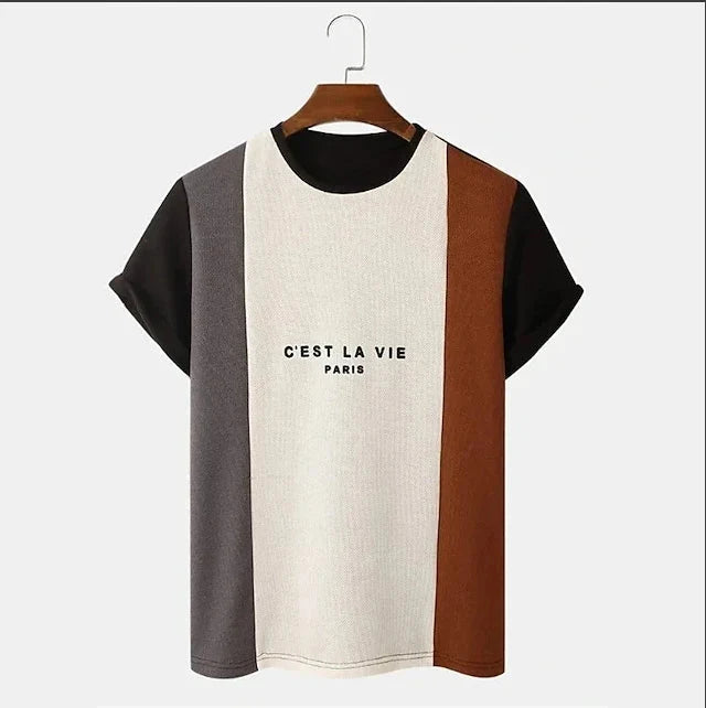 Men's C'EST LA VIE Paris Color Block T-Shirt Beige Gray Brown Casual Short Sleeve Fashion Top