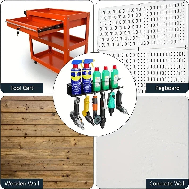 Pneumatic Tool Holder and Aerosol Rack Combo, Wall Mounted Metal Spray Can Bottle Holder Air Tool Organizer Rack for Garages