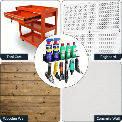 Pneumatic Tool Holder and Aerosol Rack Combo, Wall Mounted Metal Spray Can Bottle Holder Air Tool Organizer Rack for Garages
