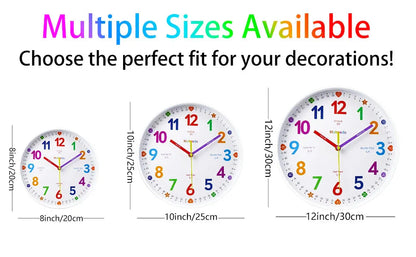 Early Education Wall Clock Colorful Number Kids Learning Time for School Classroom Bedrooms Silent Analog Clock 8/10/12 Inch