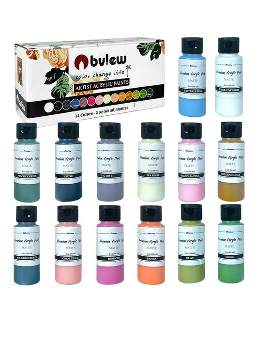 Bview Art 14-Color 2oz (60ml) Professional Acrylic Paint Set - Artist Grade Supplies for Canvas, Fabric, Wood Art Projects