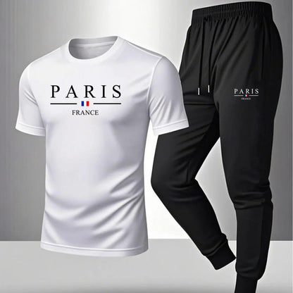 2026 NEW Men's Summer Casual Pants+Short Sleeve T-shirt Set Paris Paris Paris Printed Two Piece Set Men's Sports Set