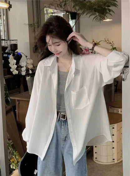 Sunscreen Shirt for Women in Summer New Polo Collar French Unique Loose Solid Color Long-sleeved Top Trendy
