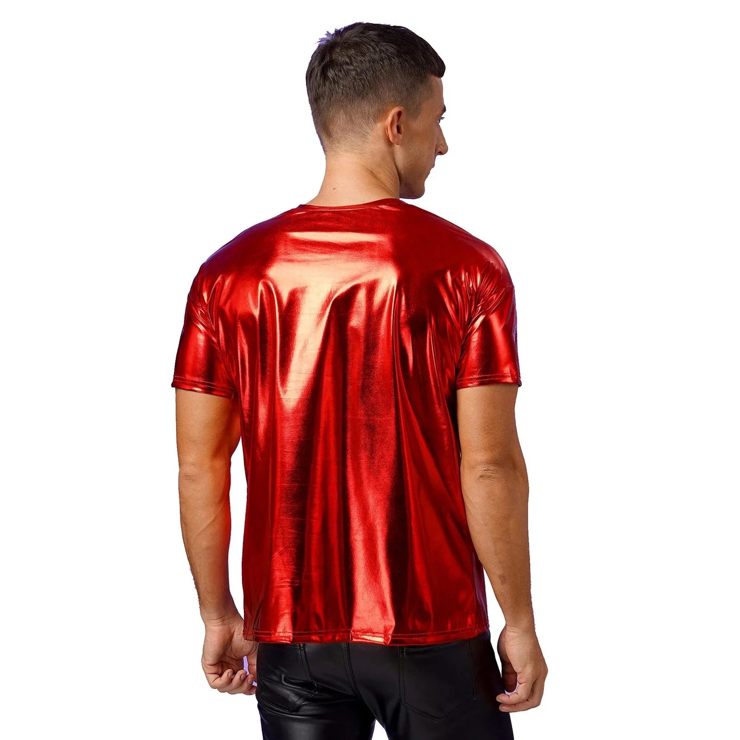Mens Dance Shirts Tops Party Performance 80s Clothes Metallic Shiny Short Sleeve Round Neck T-shirt for Club Show Role Play