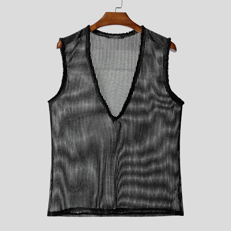 INCERUN Men Tank Tops Hollow Out Mesh See Through Sexy Tassel Male Vests Summer 2025 Solid Color Fashion Streetwear Men Clothing
