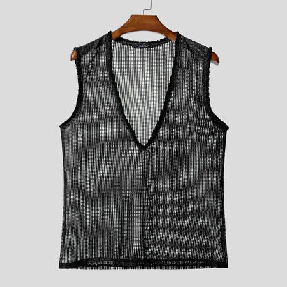 INCERUN Men Tank Tops Hollow Out Mesh See Through Sexy Tassel Male Vests Summer 2025 Solid Color Fashion Streetwear Men Clothing