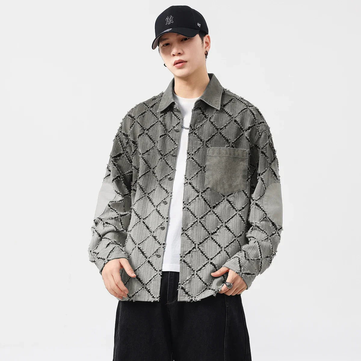 Gradient Ripped Plaid Shirt Men Streetwear Fashion Loose Casual Long Sleeve Oversize Cargo Shirts Cardigan Coat Blouses