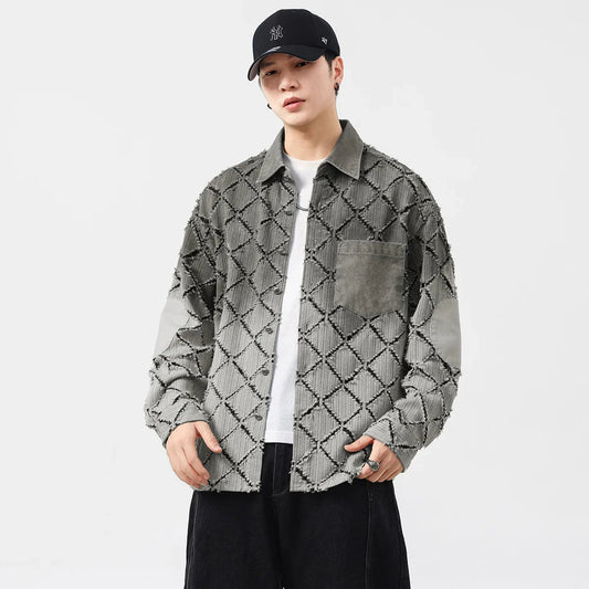 Gradient Ripped Plaid Shirt Men Streetwear Fashion Loose Casual Long Sleeve Oversize Cargo Shirts Cardigan Coat Blouses