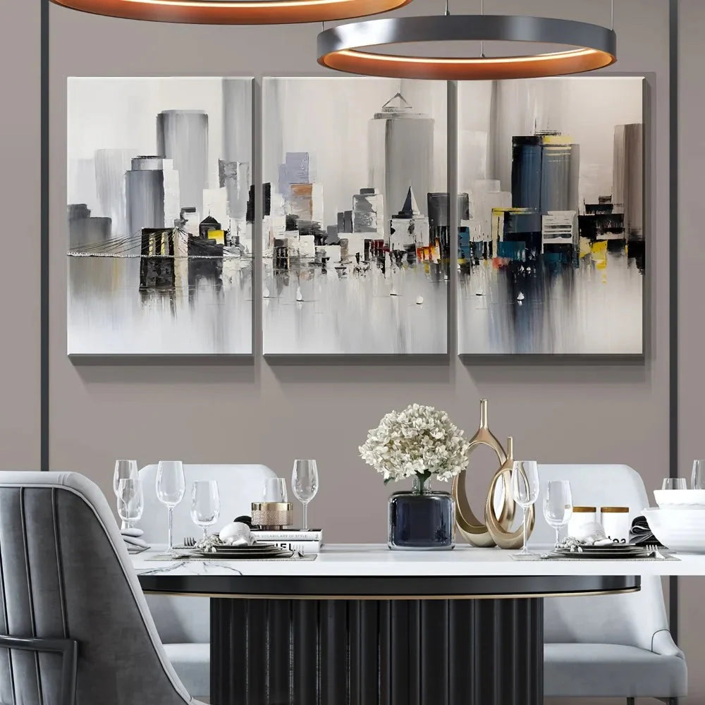 3 oil wall art - Modern New York print, colorful abstract cityscape of Brooklyn Bridge painting,1.5 inch thick wood frame