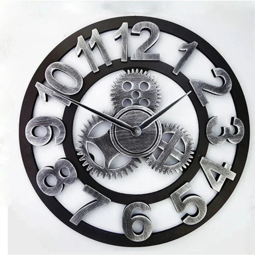 Vintage Style Industrial Wall Clock with Roman Numerals Visible 3D Gears 11"-17" Gold or Silver