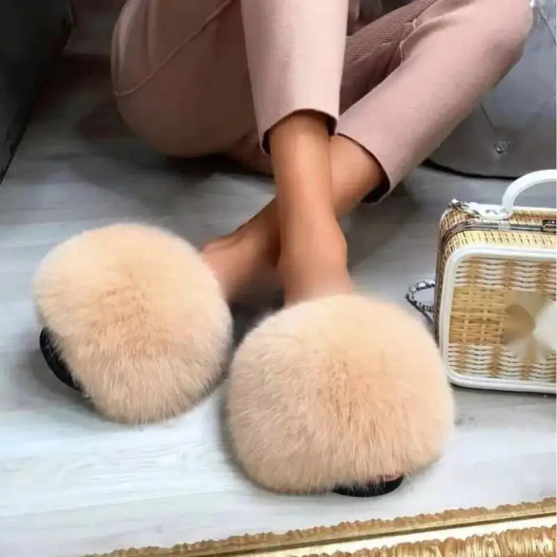 Summer Women Fur Slides Fluffy Furry Slippers Indoor Fuzzy Flip Flops Casual Outdoor Flat Ladies Fur Sandals Plush House Shoes