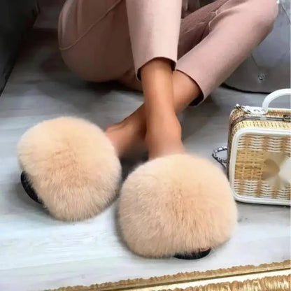 Summer Women Fur Slides Fluffy Furry Slippers Indoor Fuzzy Flip Flops Casual Outdoor Flat Ladies Fur Sandals Plush House Shoes