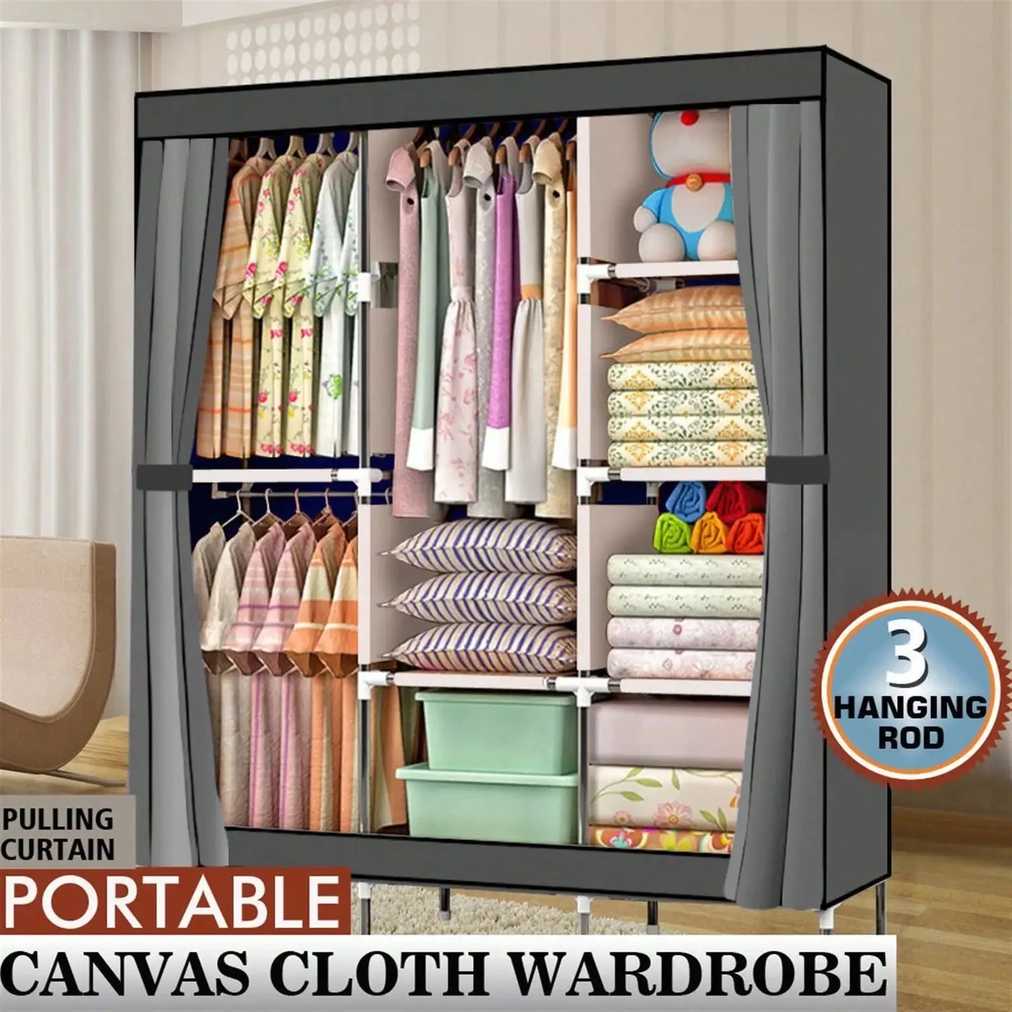 Efoee 69 Inch Wardrobe Organizer, Bedroom Portable Wardrobe, Clothes Rail With Non-Woven Cover, Clothes Storage Rack
