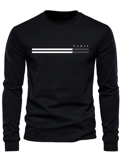 Men's 100% pure cotton summer loose comfortable casual  PARIS print large round neck long sleeve T-shirt top