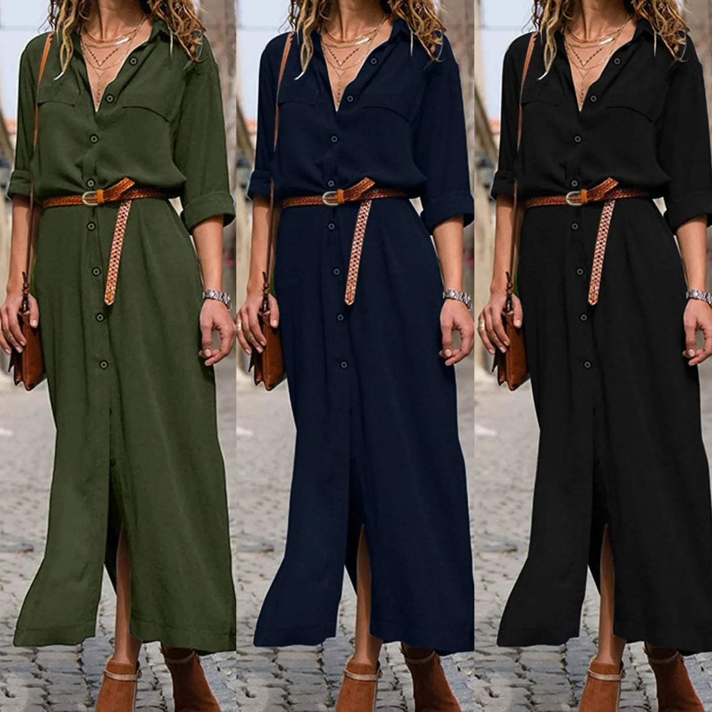 Womens Lace Up Tunic Dresses Summer Streetwear Long Sleeve Shirt Dresses With Belt casual Solid Color Linen Maxi Dress for women