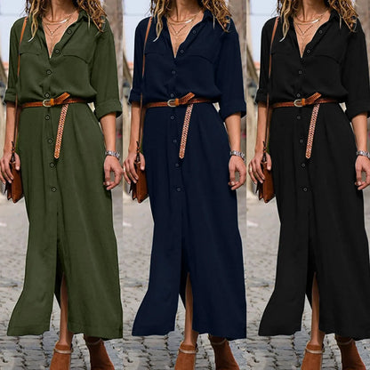 Womens Lace Up Tunic Dresses Summer Streetwear Long Sleeve Shirt Dresses With Belt casual Solid Color Linen Maxi Dress for women