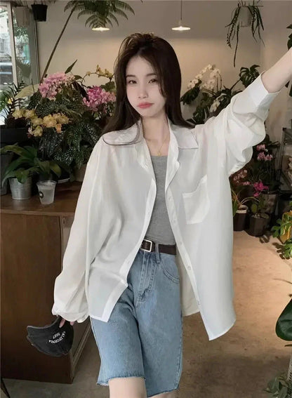 Sunscreen Shirt for Women in Summer New Polo Collar French Unique Loose Solid Color Long-sleeved Top Trendy