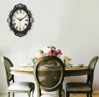 14" Vintage European Court elegance classical Style Wall Clock with Electroplated Black Gold/Silver & Roman Numerals for bedroom